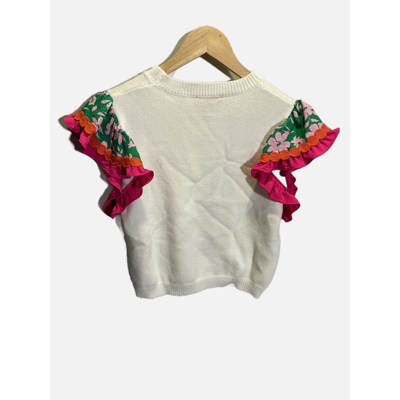 THML Ruffle Sleeve Knit Top Women XS White Excellent Floral Pom Pom WK0174-WH - Picture 7 of 7